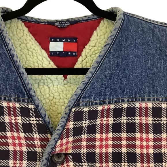 Vintage Tommy Hilfiger Plaid Men's Rare 90's Sherpa Blue Red White Vest Large - Picture 3 of 10